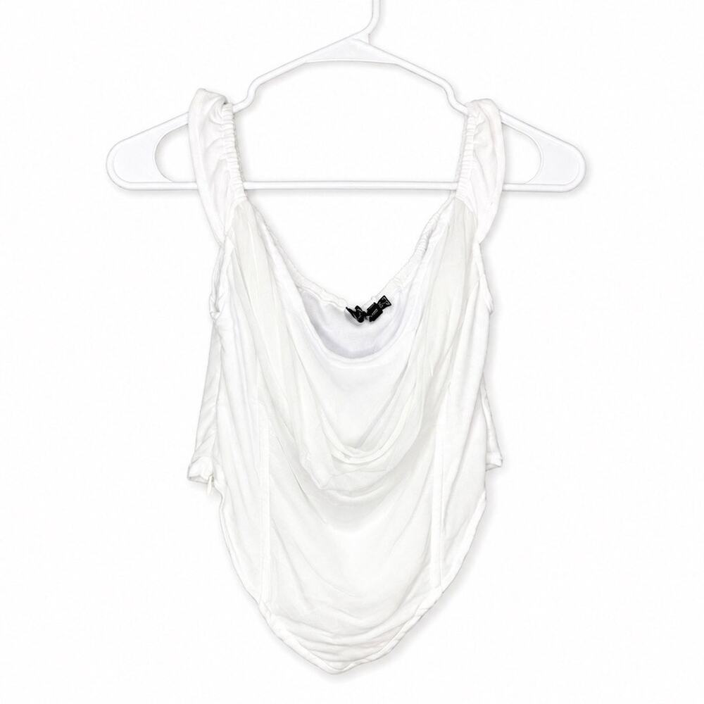 PrettyLittleThing White Draped Mesh Top | Open Back Cowl Neck Going Out Top